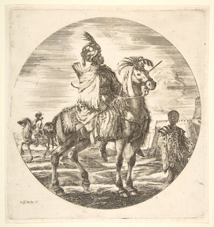 Moorish horseman in profile facing right, a black slave holding a fur at right, another horseman to left in the background, from 'Figures on Horseback' (Cavaliers nègres, polonais et hongrois) MET DP817544