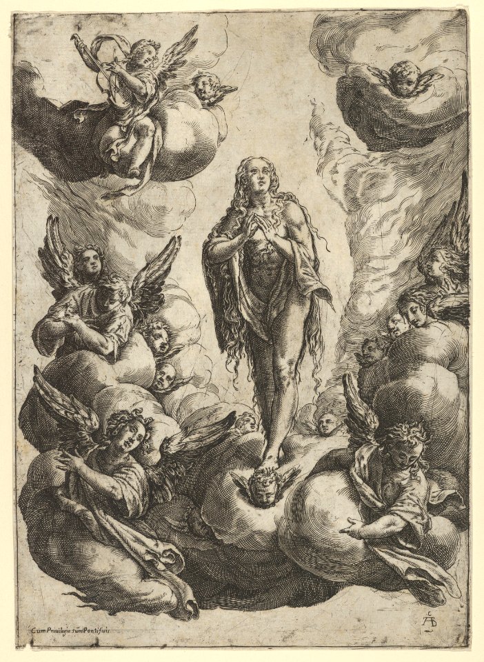 Mary Magdalen standing on clouds, being transported to heaven by angels MET DP836910