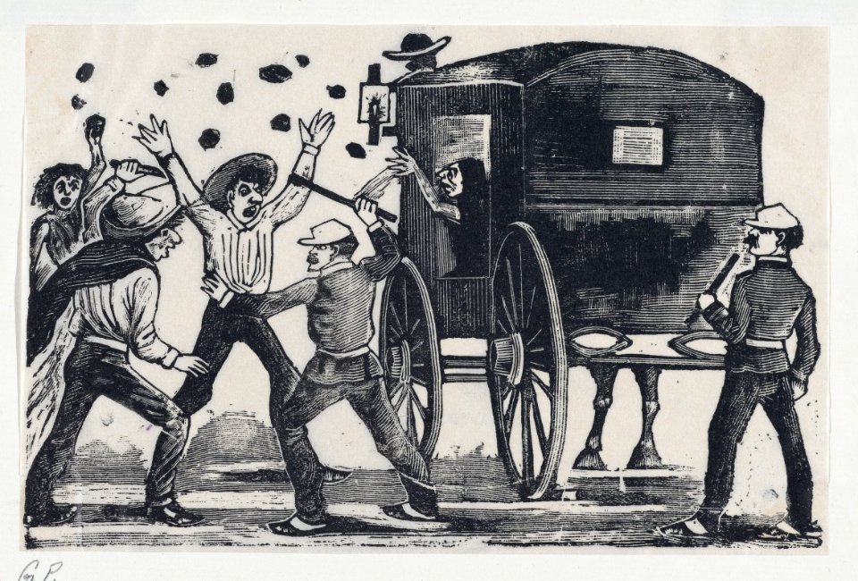 Men fighting near a horse and carriage MET DP868001