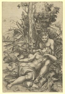 Medor and Angelica from Lodovico Ariosto's 'Orlando Furioso' or Venus and Adonis embracing, set within a landscape MET DP854069