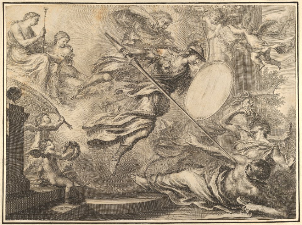 Minerva armed with a shield and lance attacking three nearly prone figures MET DP836311