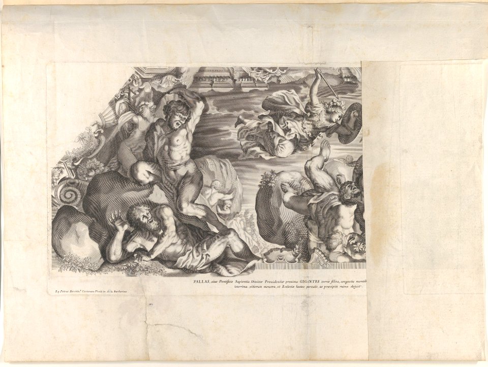 Minerva depicted at top with a shield and arrow vanquishing the Giants below, from Barberinae aulae fornix MET DP854179