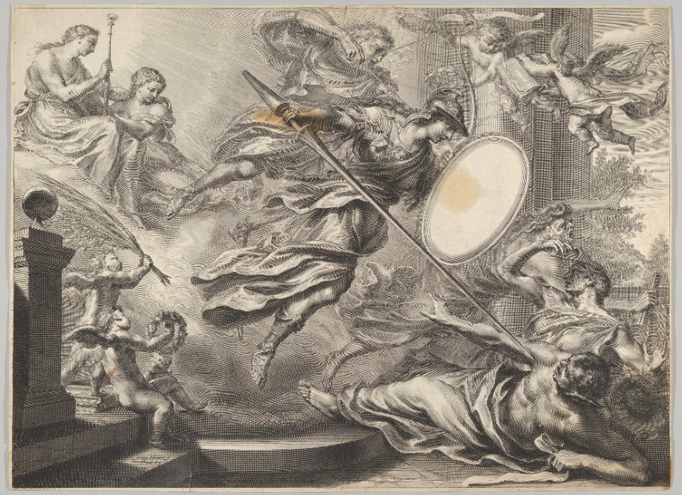 Minerva armed with a shield and lance attacking three nearly prone figures MET DP836309