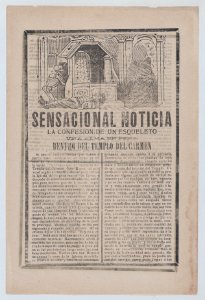 News story about the sighting of a skeleton inside a holy temple, a man lying on the floor while a skeleton returns to a chamber and a cloaked figure exits to the right MET DP868514. Free illustration for personal and commercial use.