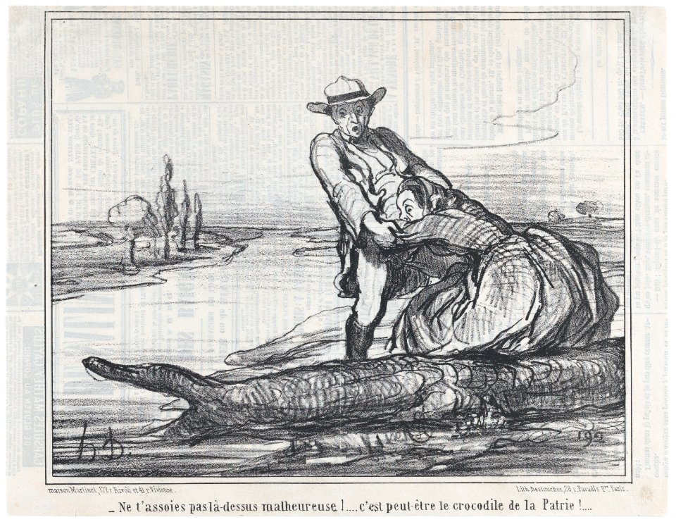 Ne t'assoies pas là-dessus malheureuse!.... c'est peut-être le crocodile de la Patrie!...., from Actualités, published in Le Charivari, July 8, 1858 MET DP876738
