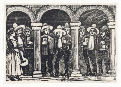Musicians standing in an arcade having a drink MET DP867985