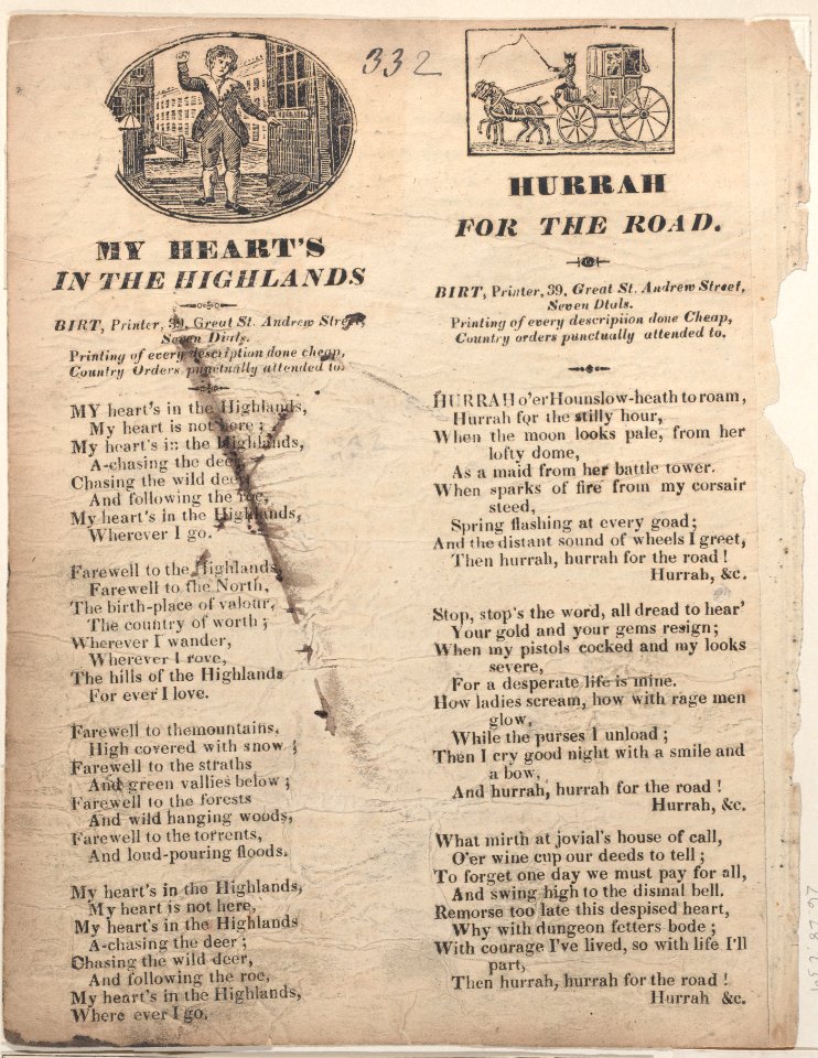 My Heart's in the Highlands (recto); Hurrah for the Road (verso) Met DP885047