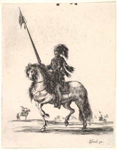 Mounted cuirassier holding a lance upright and riding towards left, other horsemen in the background, from 'Various cavalry exercises' (Diverses exercices de cavalerie) MET DP833134