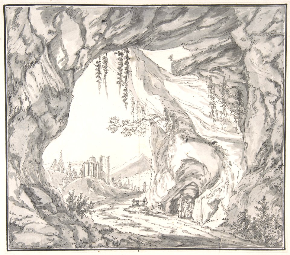 Mountainous Landscape with Ruins of a Castle and Three Men in a Cave, Seen through a Stone Gate MET DP802942