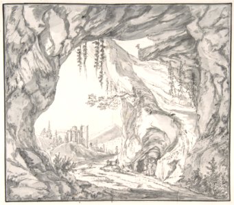 Mountainous Landscape with Ruins of a Castle and Three Men in a Cave, Seen through a Stone Gate MET DP802942