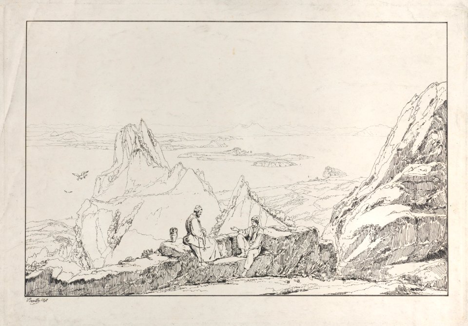 Mountainous landscape with two men in the foreground Met DP885443