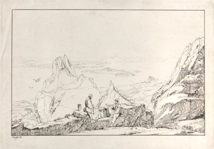 Mountainous landscape with two men in the foreground Met DP885443