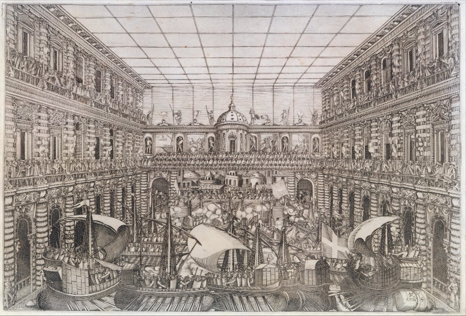 Naumachia in the Court of Palazzo Pitti, from an Album with Plates documenting the Festivities of the 1589 Wedding of Arch Duke Ferdinand I de’ Medici and Christine of Lorraine MET DT251121