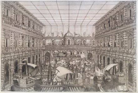 Naumachia in the Court of Palazzo Pitti, from an Album with Plates documenting the Festivities of the 1589 Wedding of Arch Duke Ferdinand I de’ Medici and Christine of Lorraine MET DT251121