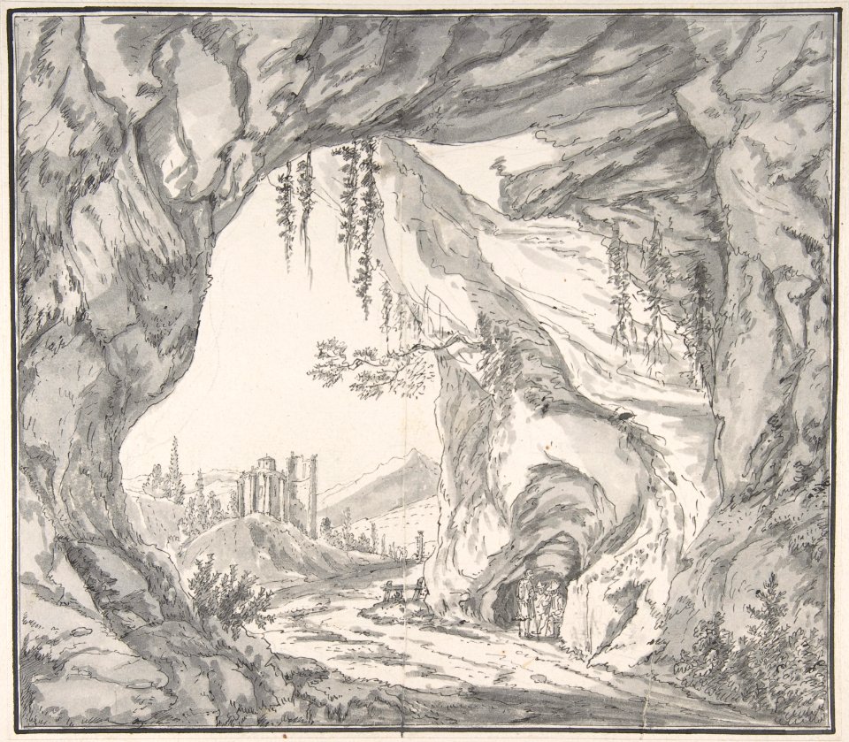 Mountainous Landscape with Ruins of a Castle and Three Men in a Cave, Seen through a Stone Gate MET DP803827