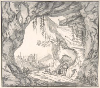 Mountainous Landscape with Ruins of a Castle and Three Men in a Cave, Seen through a Stone Gate MET DP803827