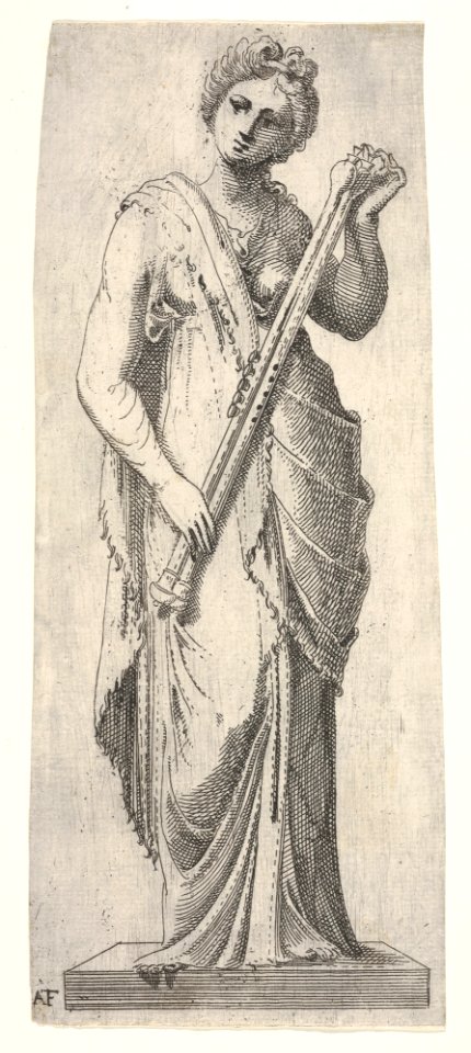 Muse on a pedestal standing in frontal view and holding a double flute, Antonio Fantuzzi