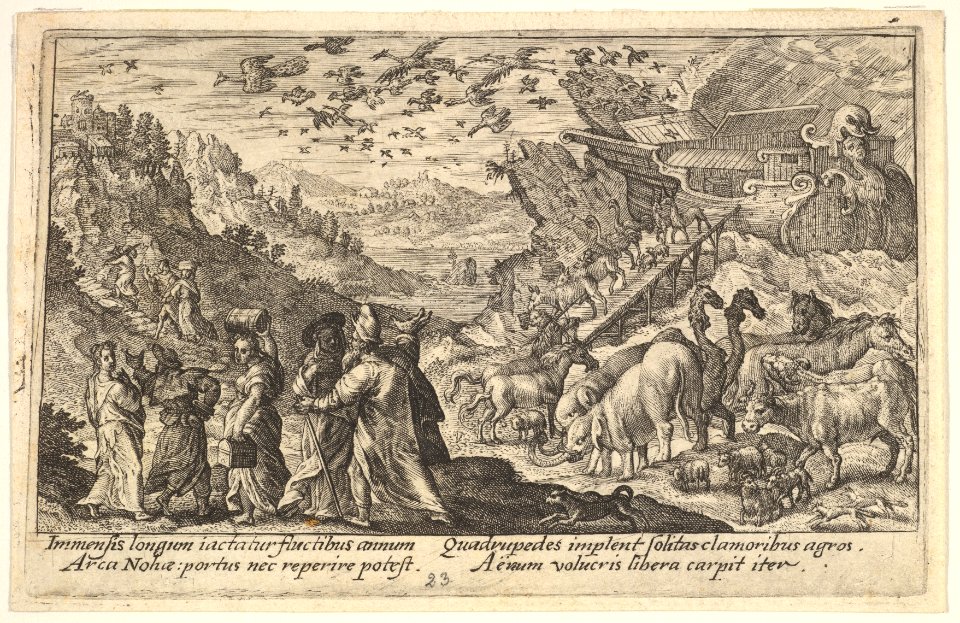 Noah leaving the ark with his family and animals- at left Noah's family carries supplies, at right animals descend on a ramp from the ark, above birds fly from the ark, from a series of engravings for the 'Liber Genesis' MET DP828361