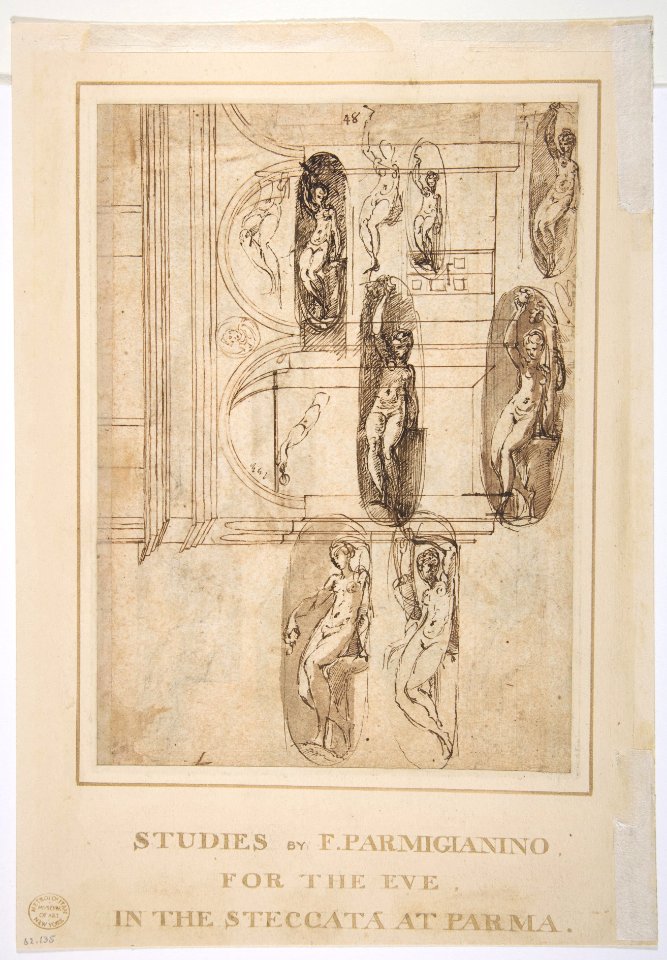 Nine Studies of the Moses in Santa Maria della Steccata, Parma (recto); Nine Studies for the Eve in Santa Maria della Steccata, Parma (verso) MET DP810975
