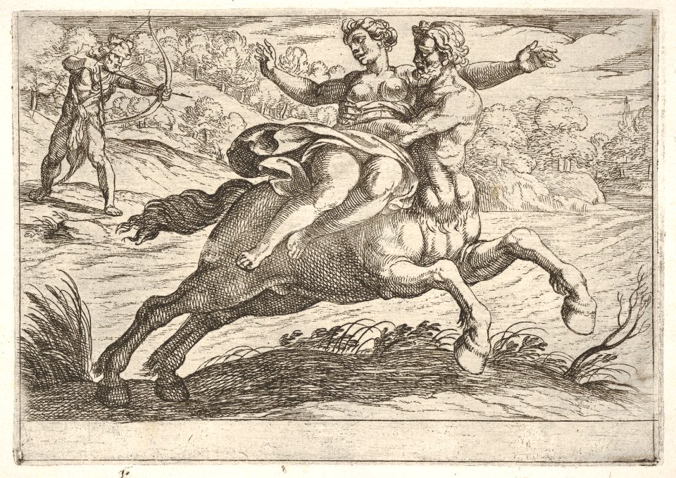 Nessus attempting to take Dejanira from Hercules- Nessus restrains Dejanira on his back while striding to the right, Hercules draws his arrow at left, from the series 'The Labors of Hercules' MET DP832523