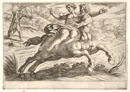 Nessus attempting to take Dejanira from Hercules- Nessus restrains Dejanira on his back while striding to the right, Hercules draws his arrow at left, from the series 'The Labors of Hercules' MET DP832523