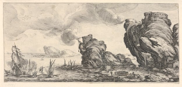 Naval battle with ruined ship and smoking battlements, from 'Italian landscapes' (Diverse vedute designate in Fiorenza - Paysages italiens) MET DP833471