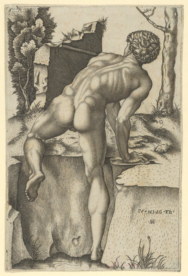 Naked man viewed from behind climbing a river bank, after Michelangelo MET DP855119