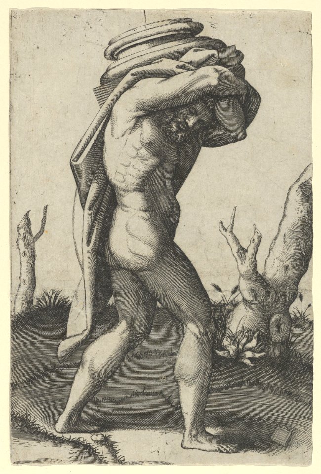 Naked man walking to the right carrying a column base MET DP855118