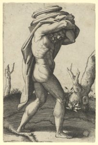 Naked man walking to the right carrying a column base MET DP855118