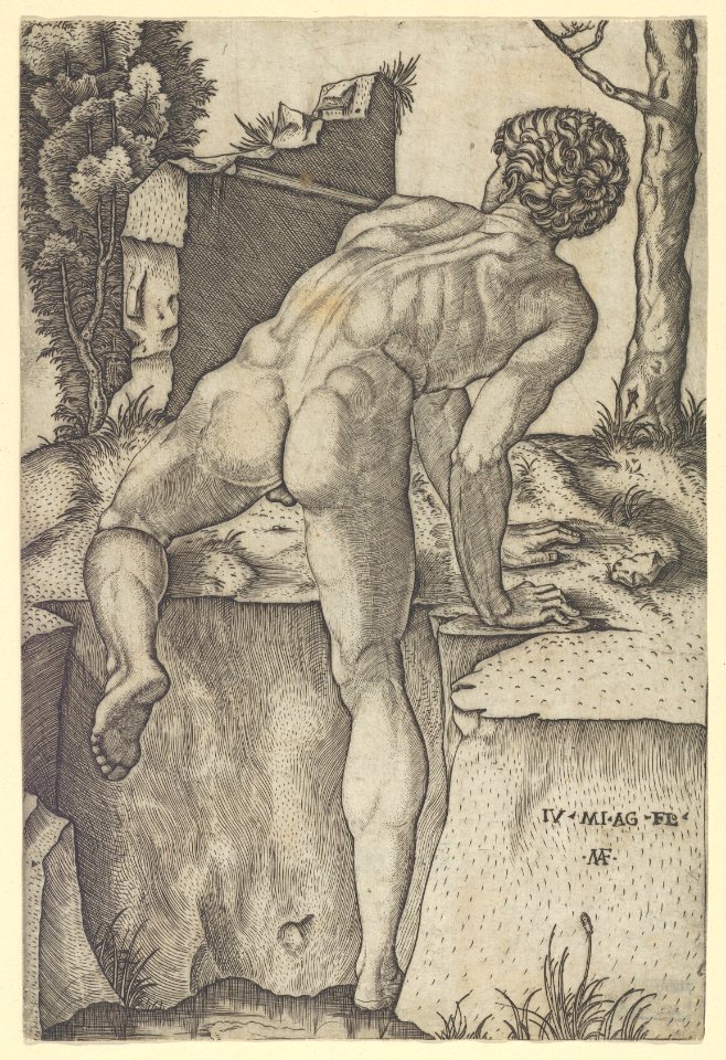 Naked man viewed from behind climbing a river bank, after Michelangelo MET DP855120