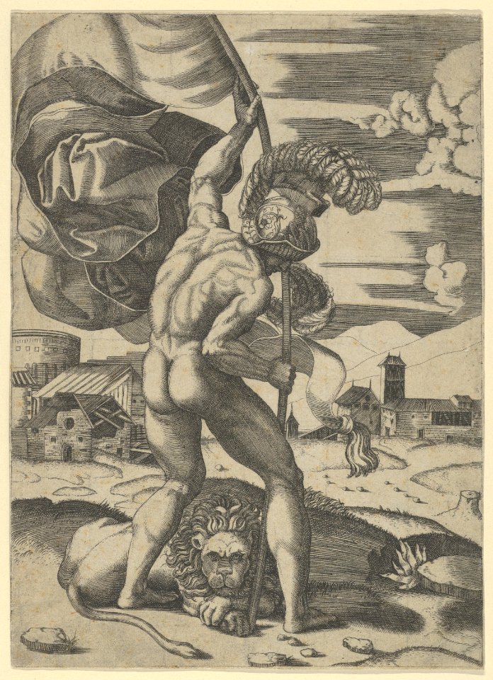 Naked man wearing an elaborate helmet viewed from behind holding a banner, a lion seated on the ground MET DP855117