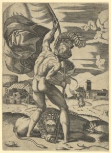 Naked man wearing an elaborate helmet viewed from behind holding a banner, a lion seated on the ground MET DP855117