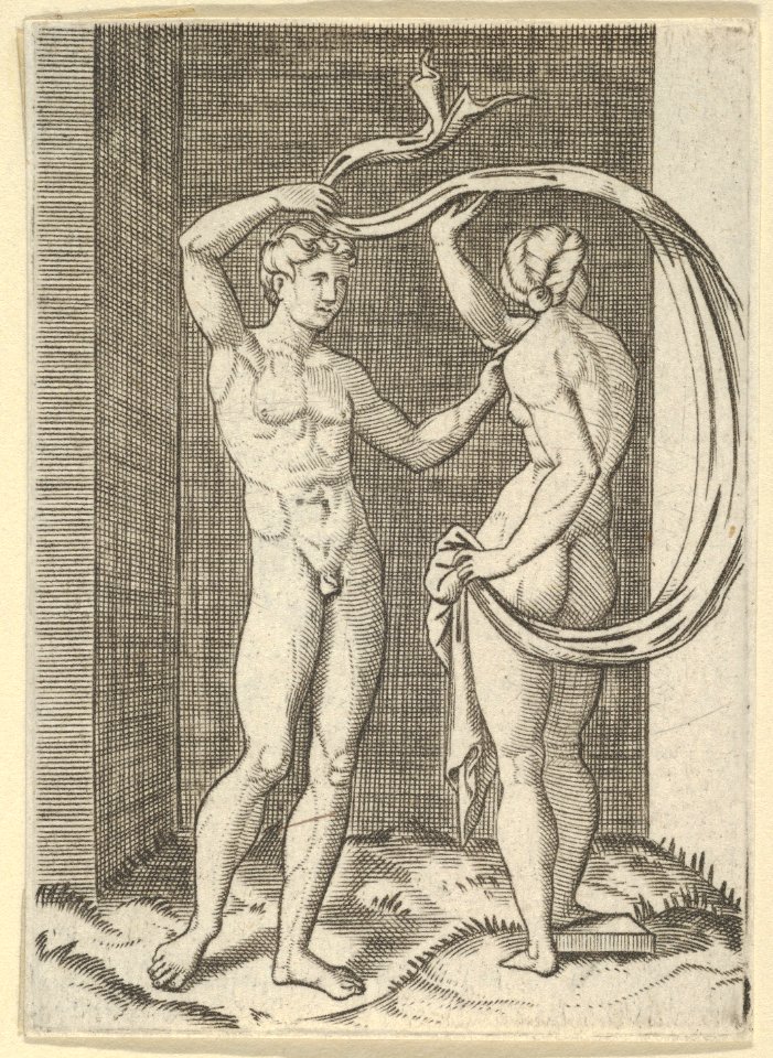 Naked woman viewed from behind holding fabric which billows behind her, looking at naked man standing before her MET DP855131