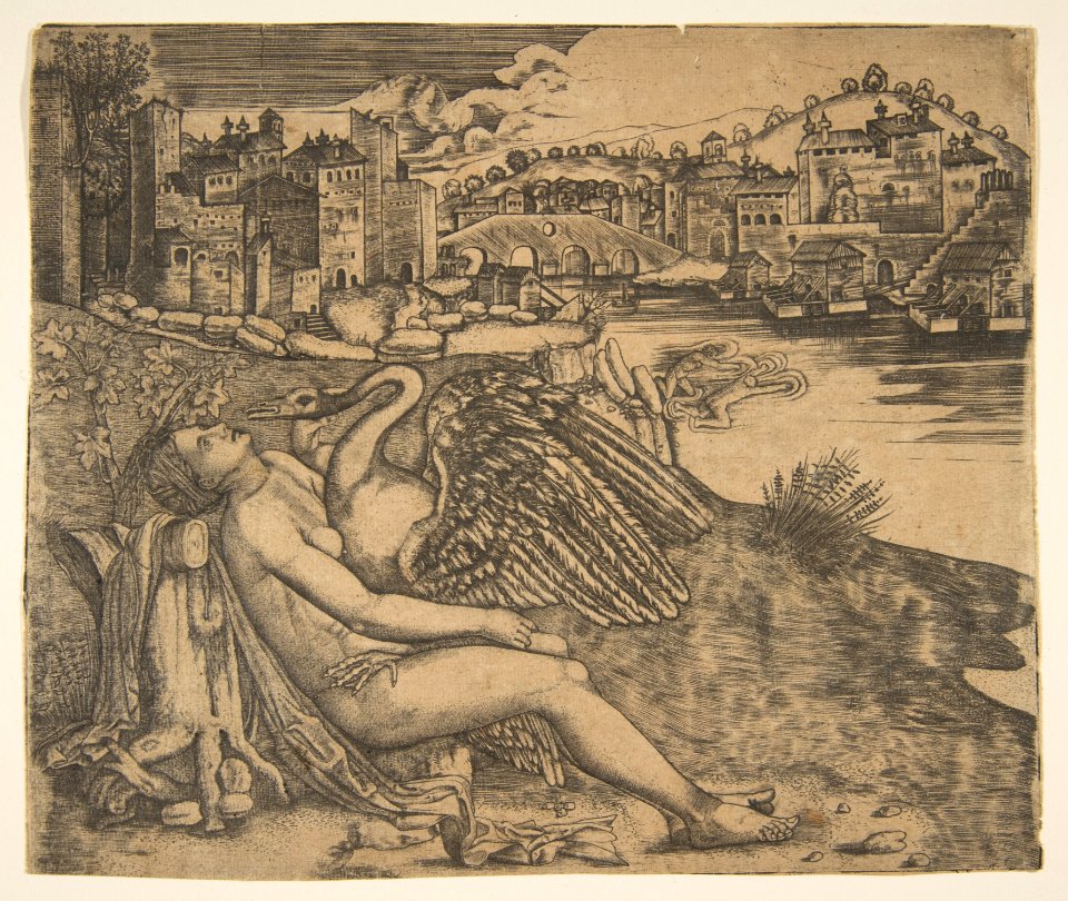 Naked woman (Leda) and swan (Zeus) embrace on a river bank; two figures jump into the water at middle ground; a town and bridge in the background. MET DP813980