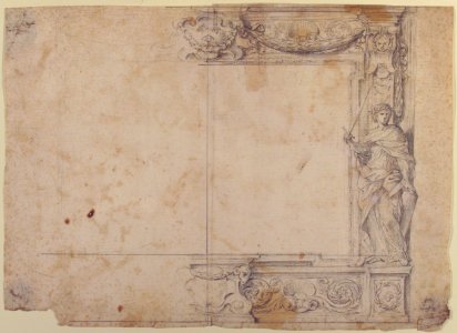 One Half of a Design for a Frame of a Stage Proscenium, with a Figure of Justice at the Right, and the Barberini Arms in a Cartouche at the Top MET 65.654.120