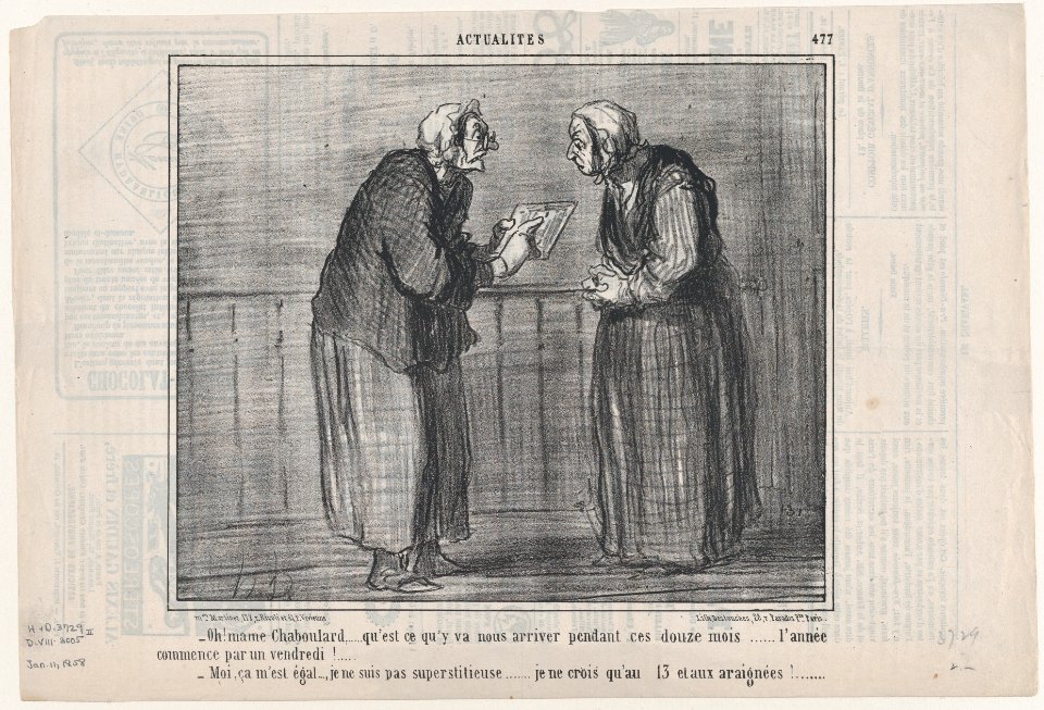 Oh! mame Chaboulard,.....qu'est ce qu'y va nous arriver pendant ces douze mois...., from Actualités, published in Le Charivari, January 11, 1858 MET DP876679