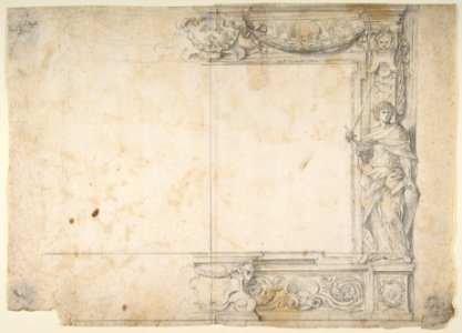 One Half of a Design for a Frame of a Stage Proscenium, with a Figure of Justice at the Right, and the Barberini Arms in a Cartouche at the Top MET DP811380