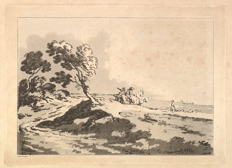Open Landscape with Three Horsemen in the Middle Distance Heading to the Right, Windblown Trees at Left MET DP823311