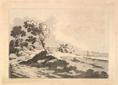 Open Landscape with Three Horsemen in the Middle Distance Heading to the Right, Windblown Trees at Left MET DP823311
