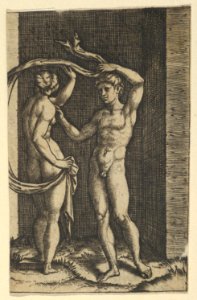 Nude woman viewed from behind holding fabric which blows behind her, looking at male nude standing in contrapposto in front of her. MET DP855132
