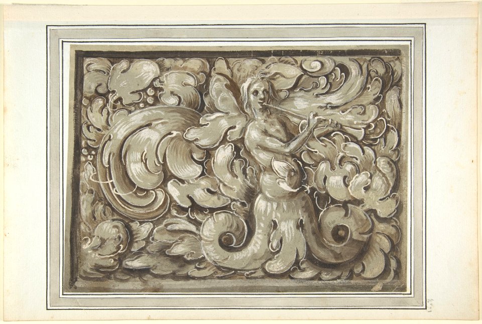 Nymph Playing a Horn (recto); Bracket with a Man's Head (verso) MET DP803559