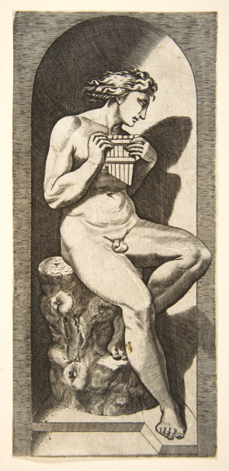 Olympus naked seated on a tree stump holding pipes, set within a niche MET DP818715