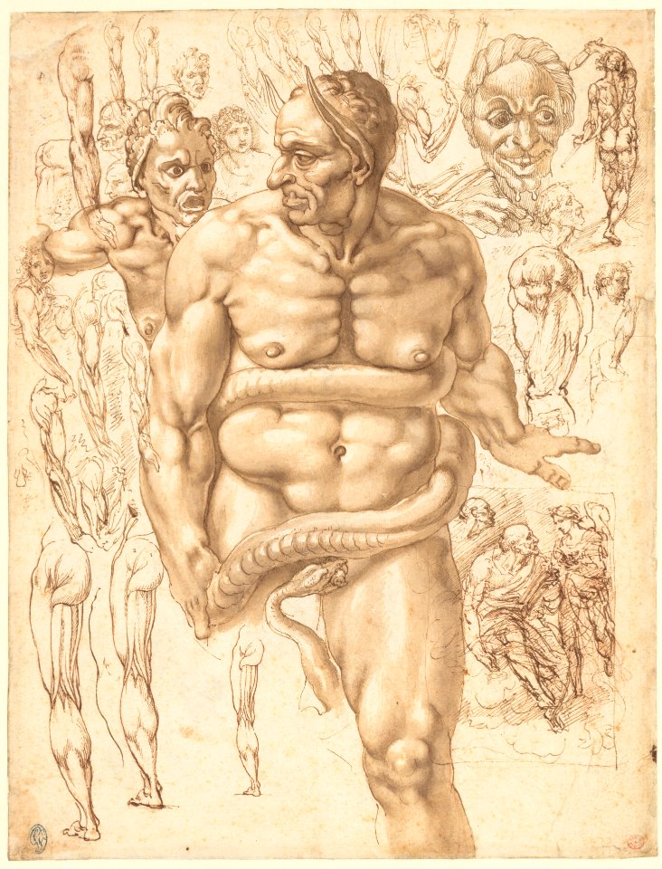 Nude Demon Encircled by a Serpent, after Michelangelo's Last Judgment; and Other Figure Studies (recto); Figure Studies (verso) MET DP146929