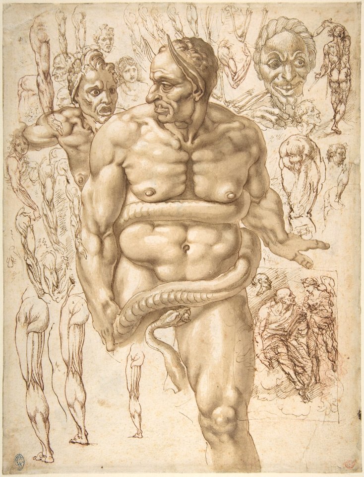 Nude Demon Encircled by a Serpent, after Michelangelo's Last Judgment; and Other Figure Studies (recto); Figure Studies (verso) MET DP809499