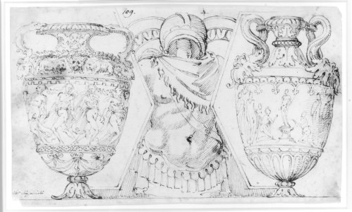 Ornamental Design with Amphore and Antique Style Armor (recto); Sketch with Two Figures (verso) MET 271527