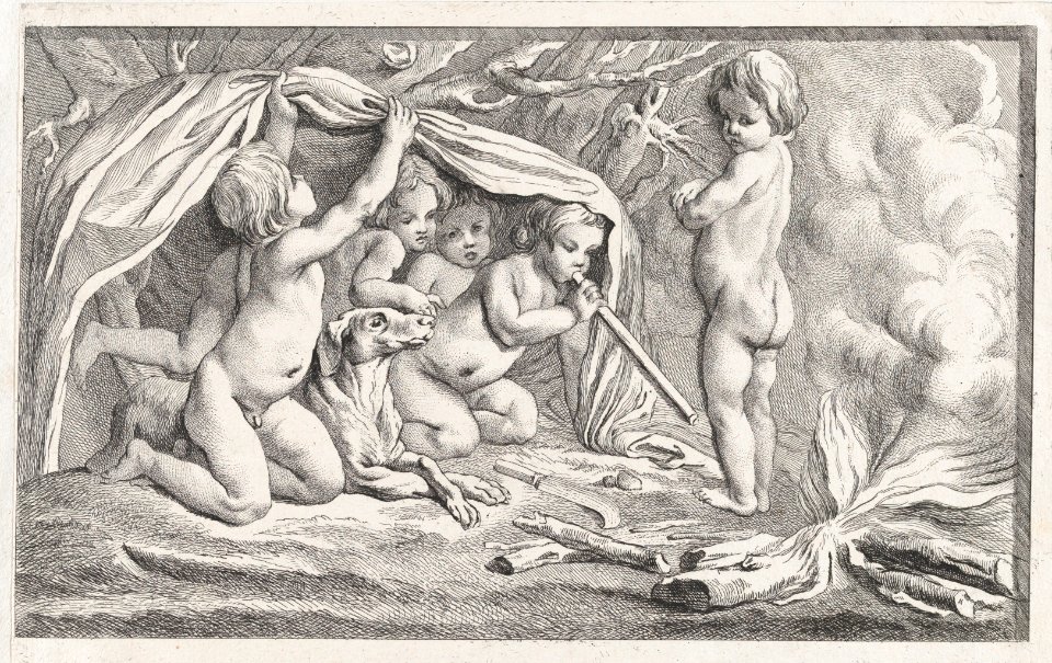 Nude children and a dog warming themselves by a fire; an allegory of Winter, after a bas-relief on the Fontaine des Quatre-Saisons (Paris) MET DP876437