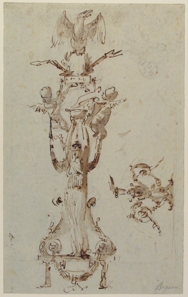 Ornamental Design with Caryatid Figure Standing on Stool and Holding a Bowl; Puttis on the Sides Hold Drapery and Support Base with an Eagle; on the Right Side Decorative Figures with Acanthus surmounted by Flowing. MET 61.693