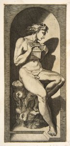 Olympus naked seated on a tree stump holding pipes, set within a niche MET DP818710