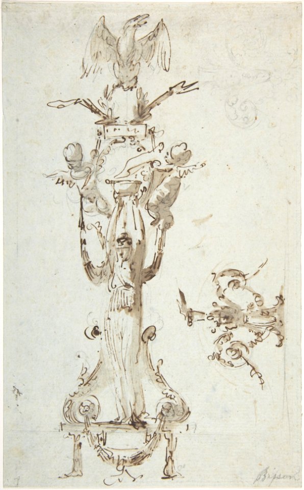 Ornamental Design with Caryatid Figure Standing on Stool and Holding a Bowl; Puttis on the Sides Hold Drapery and Support Base with an Eagle; on the Right Side Decorative Figures with Acanthus surmounted by Flowing. MET DP807985