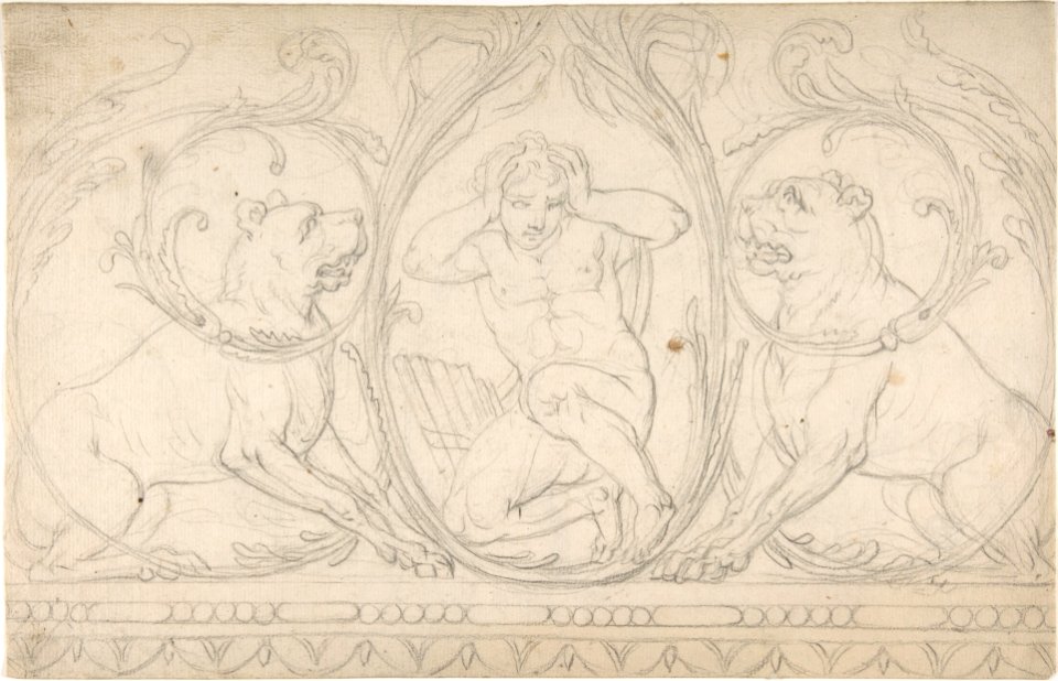 Ornament Containing a Nude Male with Pipes Framed by Two Dogs MET DP804558